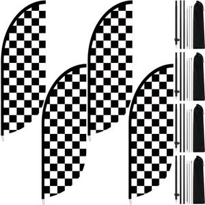 4 Sets 7 ft Checkered Flags Banner Black and White Swooper Flag with Pole Kit Race Car Theme Party Decoration Windless Checkered Feather for Racing Birthday Party Supplies