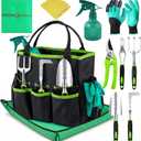 Heavy Duty Gardening Tools - Gardening Gifts for Women, Men, Mom, Dad - Durable, Ergonomic Garden Tools Set (Green with Potting Mat)