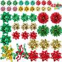 JOYIN 42 Pcs Gift Bows Assortment for Christmas with 36 Multi-Colored Assorted Size Self Adhesive Bows, 4 Tinsel and 2 Curly for Gift Wrapping, Christmas Wrapping Ribbon (3 Sizes) (Green,red,gold)