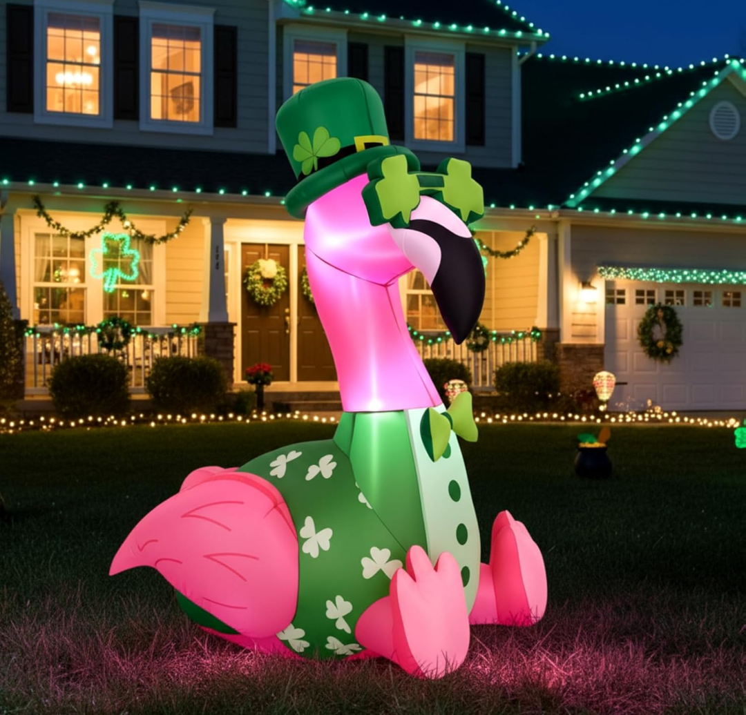 Leyndo 5FT St. Patrick's Day Inflatable Flamingo Outdoor Decorations with LED Lights Shamrock Blow Up for Yard Lawn Garden Holiday Party Festival Decor