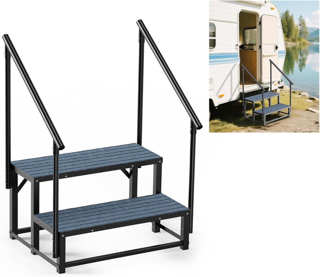 RV Steps with 2 Handrail, 2-Step Heavy Duty Hot Tub Steps, Non-Slip Outdoor Spa Steps for RV, Camper, Trailer, Mobile Home, Porch, Portable Ladder Stairs with Anti-Slip Mats (2 Steps with 2 Handrail)