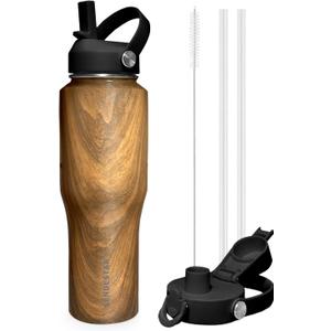 SENDESTAR 32oz Water Bottle Wide Mouth Stainless Steel Vacuum Insulated Double Wall with 2 Straw Lids Fit in Any Car Cup Holder (Wood)