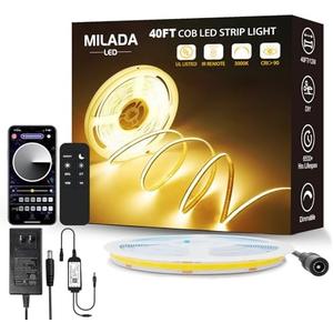 COB LED Strip Light 3000K 40FT/12M warm white led strip Dimmable High Lumen Strip with IR Remote 24V UL Certified Adapter Suitable Adhesive Indoor COB LED Strip for Bedroom Living Room, Shelf, Cabinet