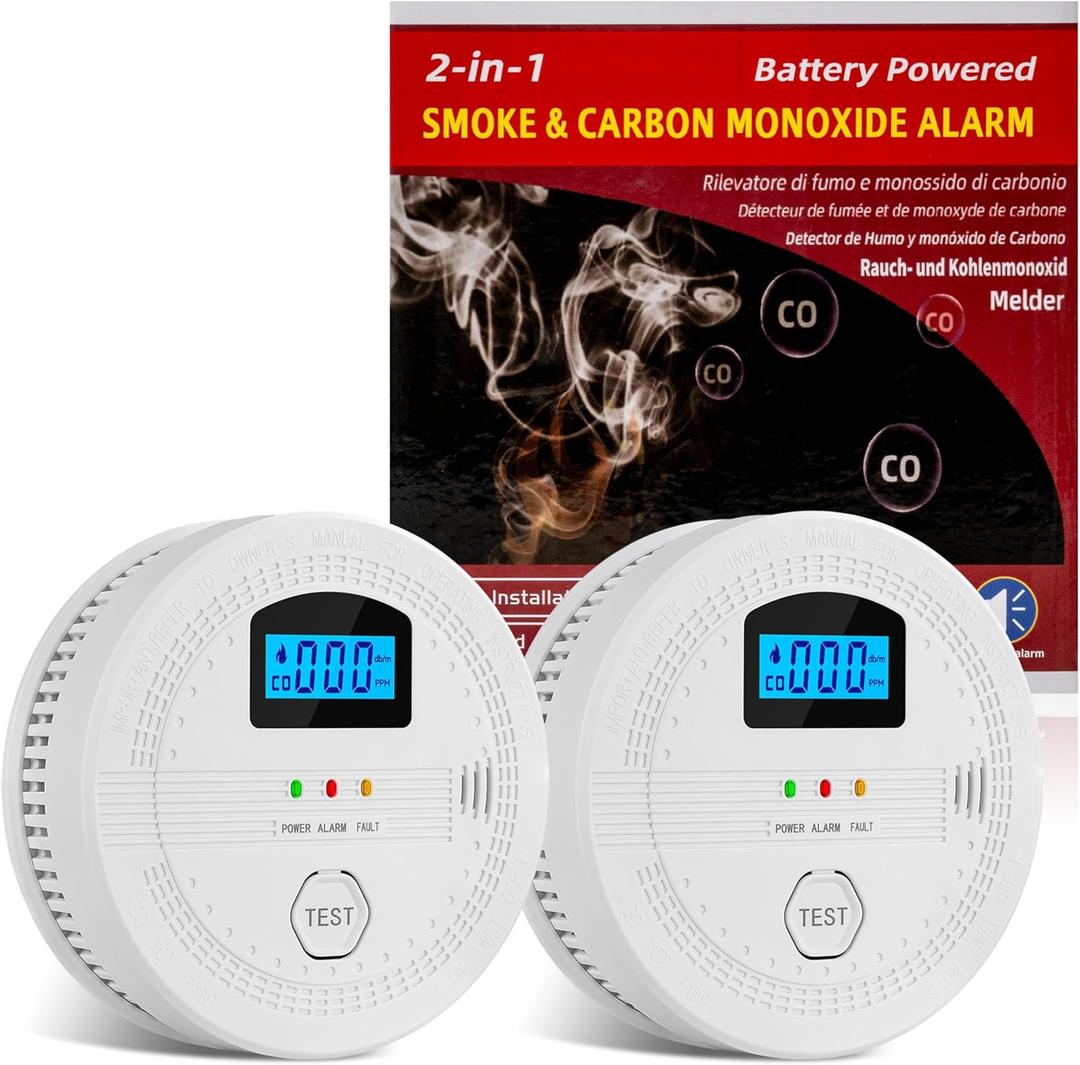 Smoke and Carbon Monoxide Detector - Battery Powered Monoxide Alarm with Dual Sensor and Digital Display, Portable Fire and CO Warning Light Indicators for Kitchen Home (No Battery) 2 Pack