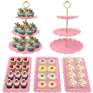 5 Pcs Dessert Table Display Set, Pink Plastic 2 Pcs Round 3 Tier Cupcake Stand Cup Cake Tower Stand with Metal Rod & 3 Pcs Serving Tray for Baby Shower, Tea Party, Wedding, Birthday Party