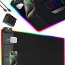 XXL Mouse Pad with Phone Holder, RGB Desk Mat with 15W Fast Charging, LED Large Gaming Mouse Pad with 11 Lights Colors, Long Mouse Pads, Waterproof Non-Slip Desk Pad for Gamer Esports Pros (31.5x15.75"Phone Stand-Black w/PD Charger)