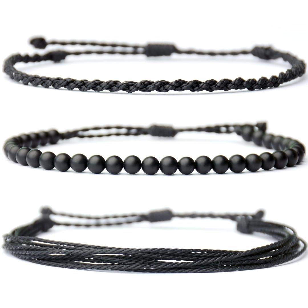 Handmade Natural Stone Beaded Healing Bracelet Gift for Men Adjustable Rope String Bracelet (black agate, Adjustable)