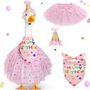 3 Pcs Birthday Porch Goose Outfit for 23" /17" Cement Lawn Goose Clothes Happy Birthday Hat and Tutu Skirt Bandana(Pink)