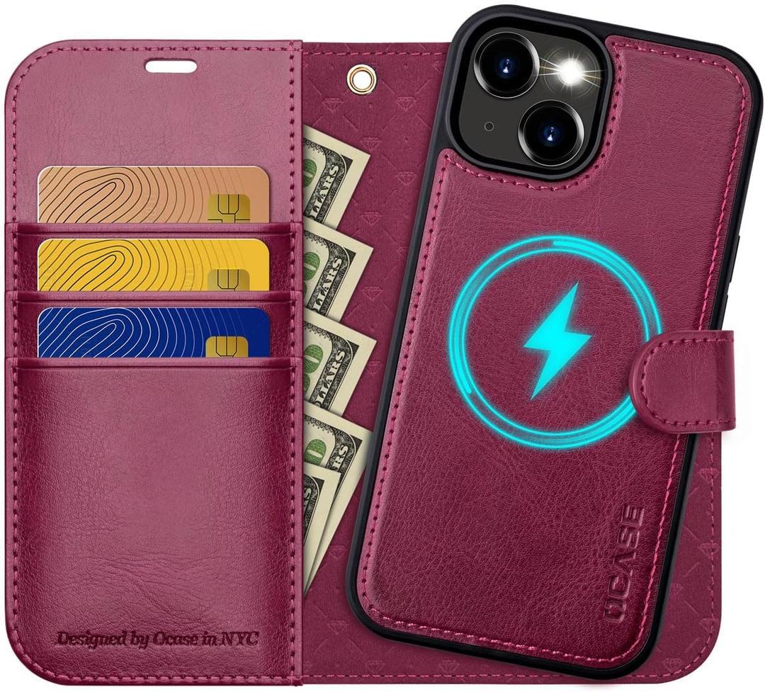 OCASE for iPhone 15 Detachable Wallet Case with Card Holder, [2 in 1] PU Leather Flip Folio Case with RFID Blocking Magnetic Stand Removable Shockproof Phone Cover for iPhone 15 6.1 Inch, Burgundy