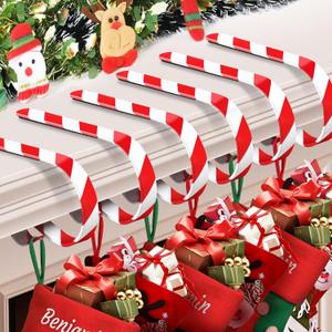 Loncaster Christmas Stocking Holders for Mantle Set of 6, Adjustable Candy Cane Stocking Holder for Mantle, Non-Slip Lightweight Xmas Hangers for Christmas Decorations(Red & White)