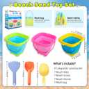 Xgunion Collapsible Beach Sand Bucket 3 Packs Foldable Buckets Set with Shovels & Mesh Bag Collapsible Beach Toys for Kids Summer (Yellow, Blue, Green, Pink, Medium)