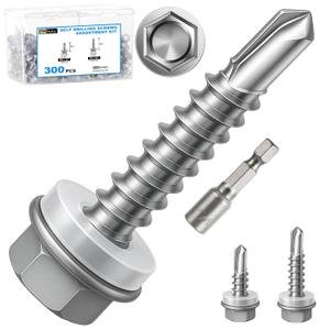 300Pcs Self Tapping Screws Assortment Kit, Self Drilling Screws for Metal, #8 1/2" 3/4", Sheet Metal Screws with Hex Washer Head