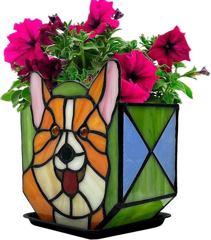 Corgi Planter - Cute Stained Glass Dog Flower Pots, Plant Pot with Drainage, Succulent Planters, Corgi Gifts, Christmas Decorations