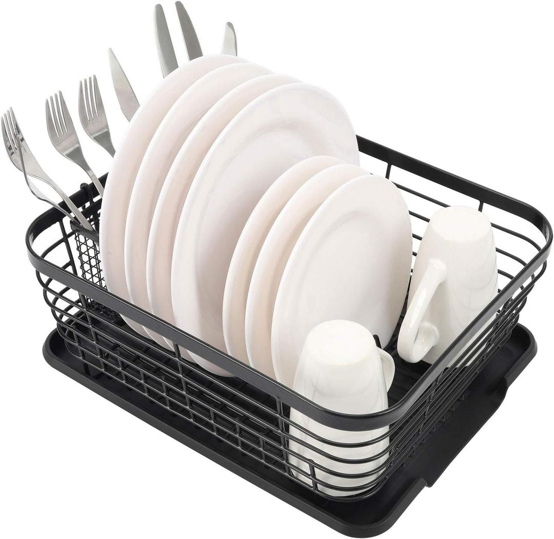 TQVAI Kitchen Dish Drainer Rack with Drying Board and Full-Mesh Silverware Utensils Holder, Black