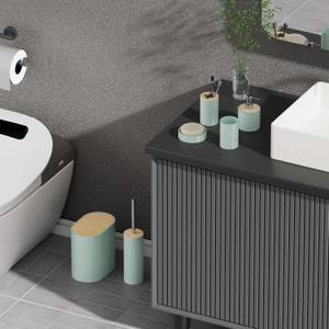 Bathroom Accessories Bath Set of 6, Toothbrush Holder, Soap Dispenser, Trash Can, Soap Dish, Toothbrush Cup and Toilet Brush Holder, Green (Green-bamboo Lid)