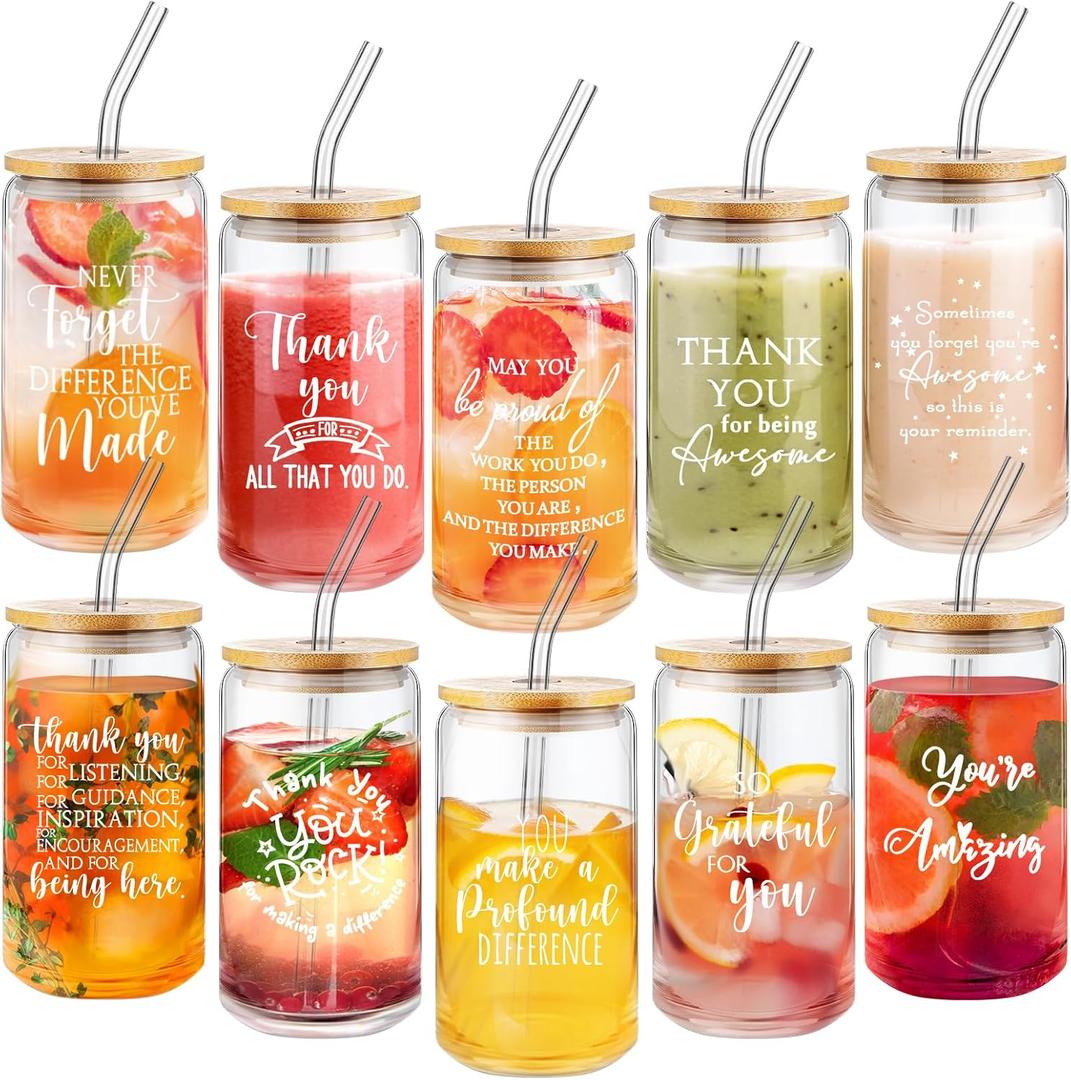 Irenare 10 Pcs Employee Appreciation Gift Bulk 16 oz Glass Cup Thank You Can Shaped Glass Cup with Lid Straw Valentines Inspirational Gift for Coworker Nurse Women Teacher Graduation