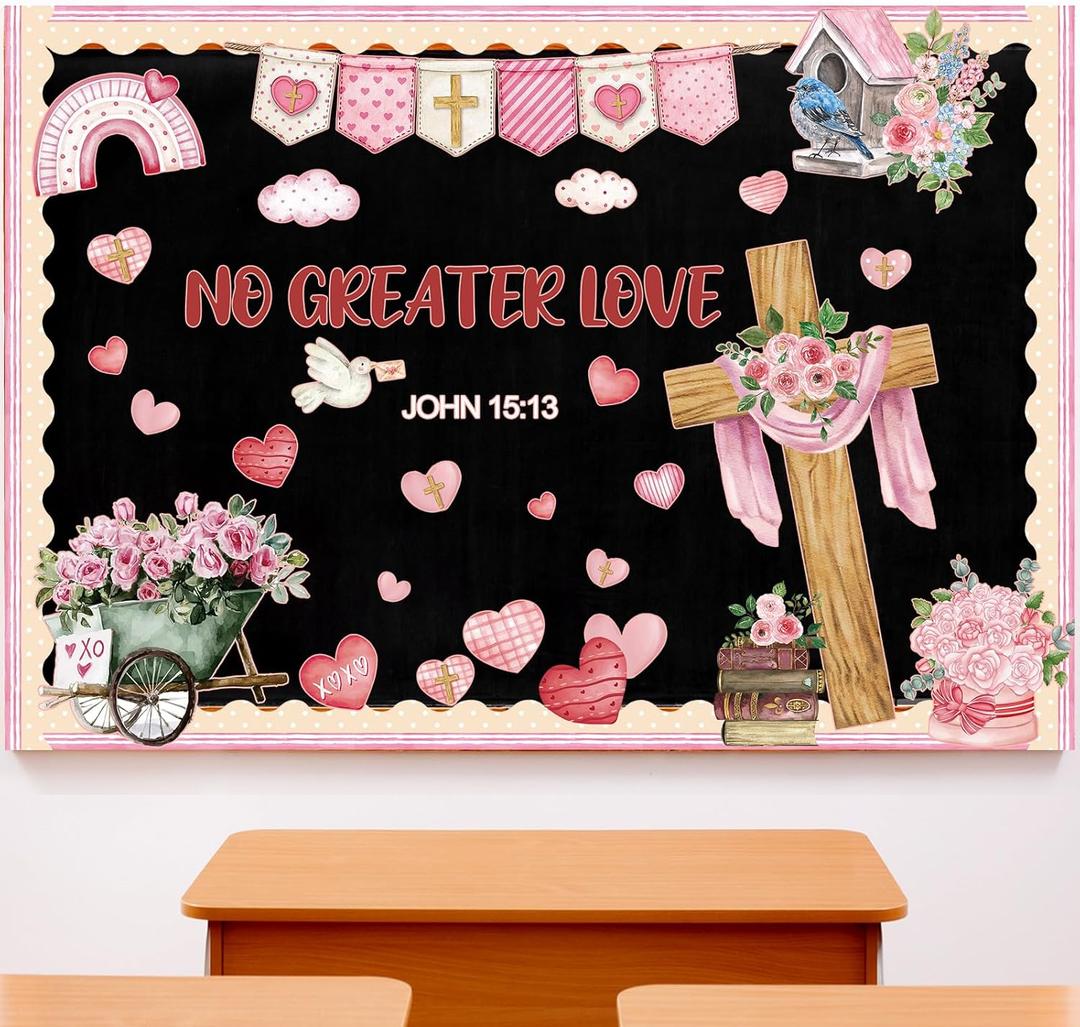 Glenmal Christian Valentine's Day Bulletin Board Set Watercolor No Greater Love John 15:13 Classroom Decoration Inspirational Bible Verse Cross Heart Cutouts for Sunday School VBS Chalkboard Decor