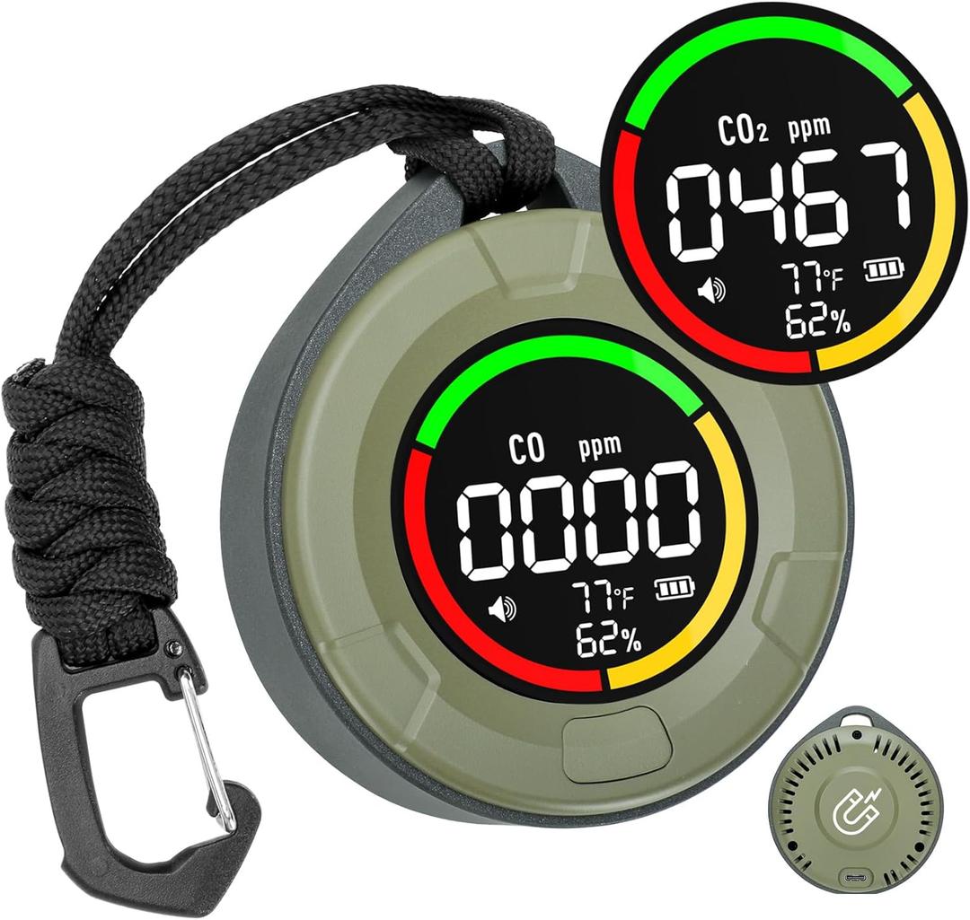 Portable CO  CO2 Detectors for Travel, Mini 4-in-1 Carbon Monoxide and Carbon Dioxide Detector Monitor with Magnetic Suction, RV CO CO2 Alarm Temp/Humidity Sensor, 120-140HR Standby