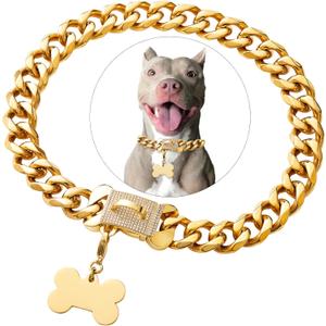 Stainless Steel Cuban Gold Link Heavy Duty Necklace Dog Collar for Small Medium Large Dogs, American Bully French Bulldog Dog Collar with CZ Luxury Safety Personalized Dog Tag (16 Inch (Pack of 1))
