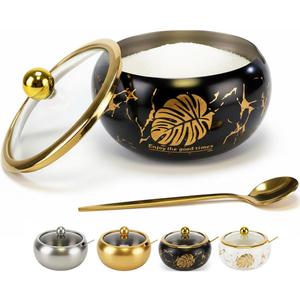 15OZ Sugar Bowl with Glass Lid and Spoon, Sugar Container of Coffee Bar Accessories, Stainless Steel Jar for Salt, Tea, Brown Sugar Cube, Dishwasher Safe, Kitchen Decor Countertop Storage, Black