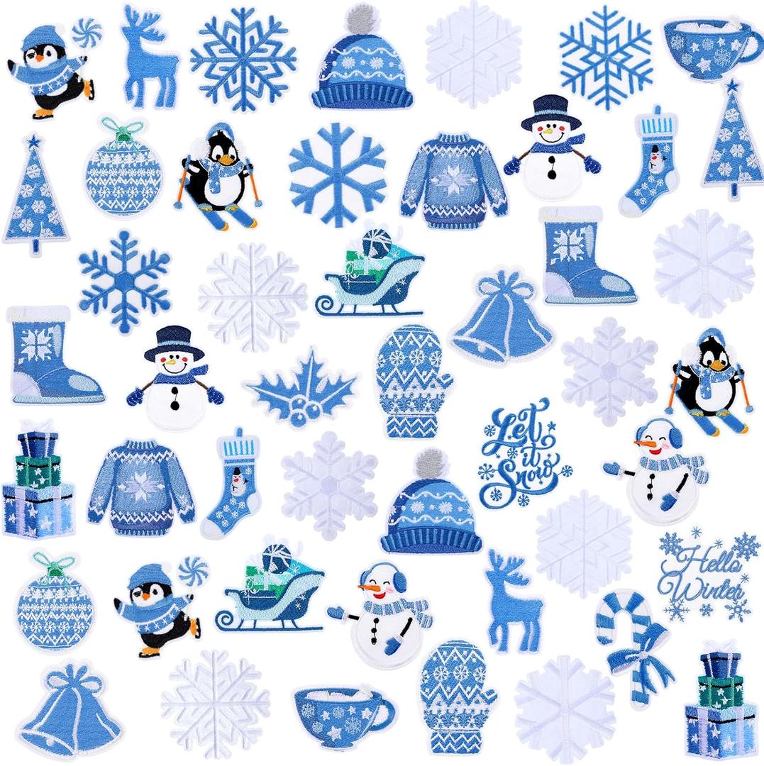 48 Pcs Winter Iron on Patches Sew Iron on Snowflakes Snowman Applique Cute Embroidered Patches Patch Decorative Repair Patch Winter Christmas Gifts DIY Crafts Accessories for Clothing Hat