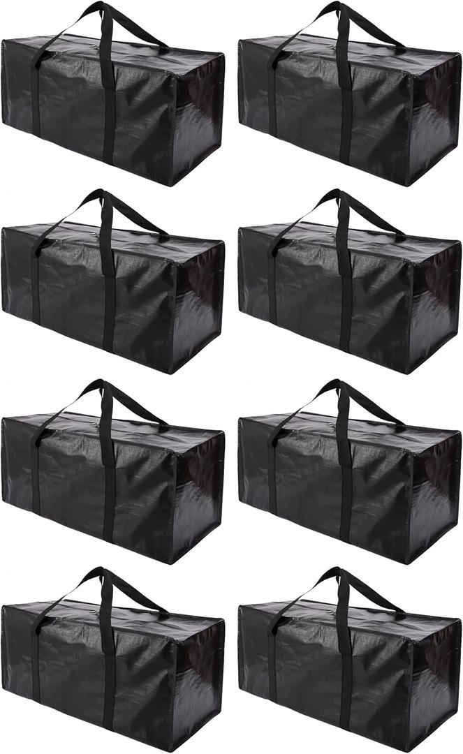 Extra Large Moving Bags with Zippers & Carrying Handles, Heavy-Duty Storage Tote for Space Saving Moving Storage, Fold Flat, Alternative to Box and Bin - 8 Pack, Black