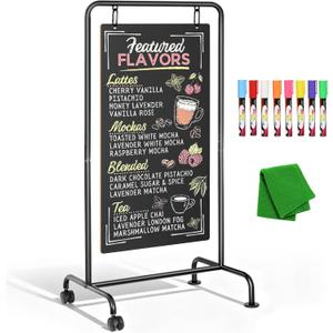 4 THOUGHT Rolling Metal A-Frame Chalkboard Sign with Wheels, 40" x 20" Large Double Sided Sidewalk Sandwich Board, Weatherproof & Stable Easel for Restaurant, Cafe, Business, Wedding