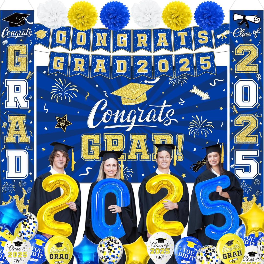 Graduation Party Decorations blue and gold Class of 2025 Graduation Party Supplies Include Banner, Hanging Swirls, Porch Sign, Foil Fringe Curtain, Paper Pompoms