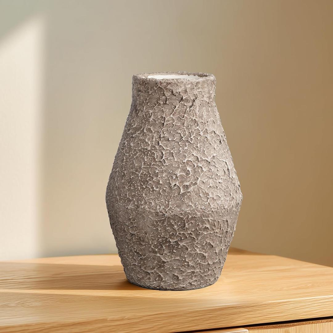 Rustic Terracotta Vase, 10 Inch Farmhouse Ceramic Flower Vase for Pampas Grass, Vintage Pottery Vases for Home Decor, Fireplace, Mantel, Living Room, Bathroom Decor, Brown