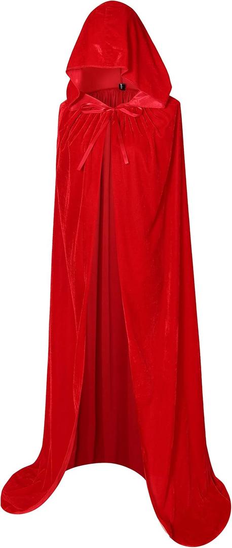 BIGXIAN Long Hooded Cloak Velvet Cape Witch Costume Halloween Costumes for Women Men (Medium, Red)