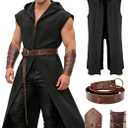 Verceco Mens Renaissance Costume Set Medieval/Renaissance Costume for Men with Hooded Surcoat Leather Belt & Bracers, M