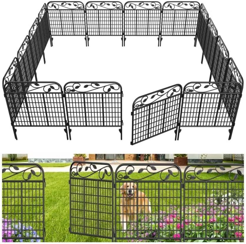 AMAGABELI 4 Panels 44 in(H )X 12 ft(L) Decorative Garden Fence Gate,Dog Fence Outdoor for Yard,Rustproof Tall Garden Fencing Animal Barrier Metal Wire Panel Border with Leaves for Flower Bed Black