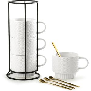 Gomakren Stackable Coffee Mugs Set with Stand, Coffee Cup with Tea Spoon 13 Ounce Cups for Cappuccino Coffee Drinks Tea Halloween, Set of 4, White Gift for Man Women 380ml