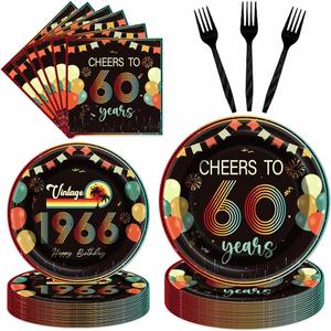 96Pcs Vintage 60th Birthday Decorations Tableware Set Back in 1966 Paper Plates Napkins Forks Cheers to 60 Years Disposable Tableware Decor for Women Men 60th Birthday Party Favor Serve 24 Guests
