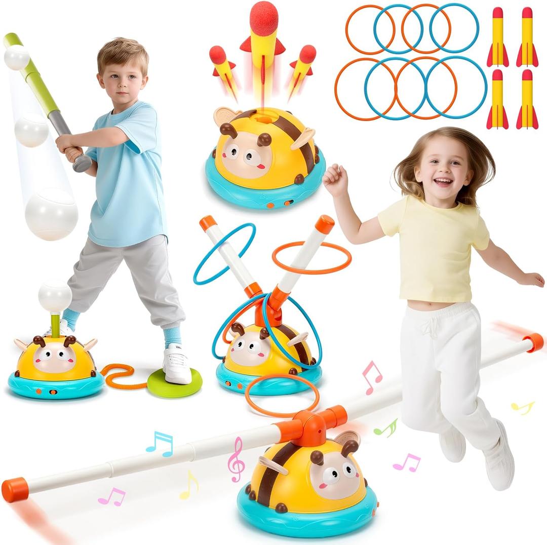 Outdoor Toys for Kids 4-8, 4-in-1 Musical Jump Toy, Toss Ring & Baseball Game, Indside Outside Active Play Sports Toy for Toddlers Ages 3-5, for Boys Girls 3 4 5 6 7 8