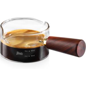 Espresso Shot Glasses with Wood Handle - 120ml Glass Coffee Bean Dosing Cup with Dual Spout,Clear Espresso Measuring Cup Glass for Barista Coffee Measure