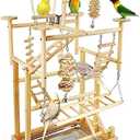 LIMIO Bird Playground - Natural Wood Parrot Playstand with Perches, Bird Play Gym & Accessories, Removable Tray & 4 Stainless Steel Cups