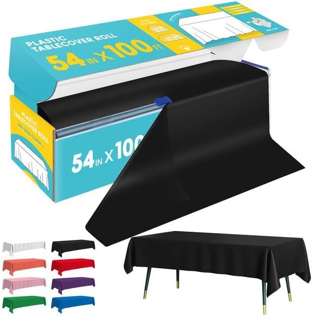 Black Plastic Table Cover Roll - 54IN x 100FT, Table Cloth for Rectangle Table with Slide Cutter, Plastic Table Cloth Disposable with Cut-to-Size Design for Weddings, Banquets, Parties, 1200" x 54"