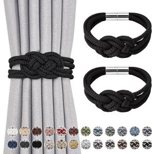 NICEEC 2 Pack Strong Magnetic Curtain Tiebacks Upgrade Nordic Simple Style Drape Tie Backs Double Color Weave Rope Knot Decorative Curtain Holdbacks for Home & Office Window Drapery (Black)