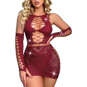 Avidlove Fishnet Lingerie Womens Mesh Chemise One Piece Babydoll Mini Dress Lace Sparkle Rhinestone Lingeries for Women (Dark Red, One Size)