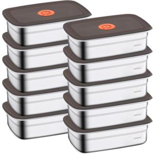 10 Pack Stainless Steel Food Storage Containers with Leak-Proof Lids, 34oz Reusable Metal Meal Prep Lunch Boxes, Stackable, BPA-Free, Dishwasher Safe for Snacks, Fruits & On-the-Go Meals