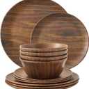 TP 12-Piece Melamine Dinnerware Sets, Plates and Bowls Dishes Set for 4, Break-Resistant & Non-Microwavable, Lightweight Dinner Plates, Wood Grain