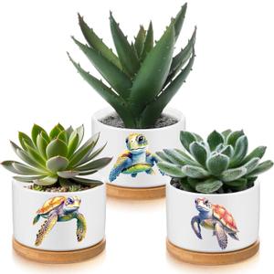 2 Pcs Decor Gift for Women Planter Ceramic Gift Animal Plant Pot with Bamboo Tray for Office Home Farm House Bathroom Kitchen Christmas Decorations (No Plants Included)(Sea Turtle)