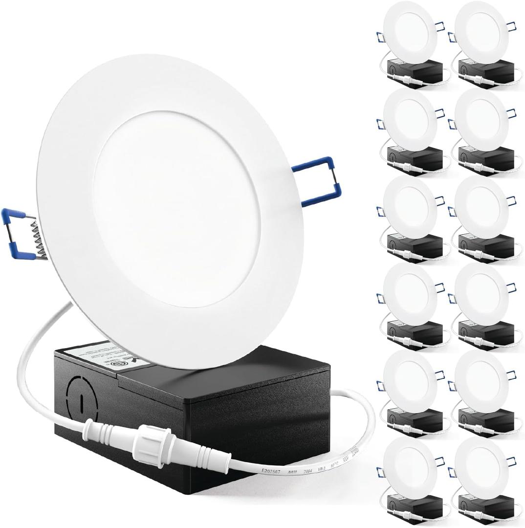 Sunco 12 Pack 4 Inch LED Recessed Lights, Slim Canless Ceiling Lighting, 650 LM, 10W (60W Equivalent), 6000K Daylight Deluxe, Dimmable, Wafer Thin, Ultra Thin with Junction Box ETL
