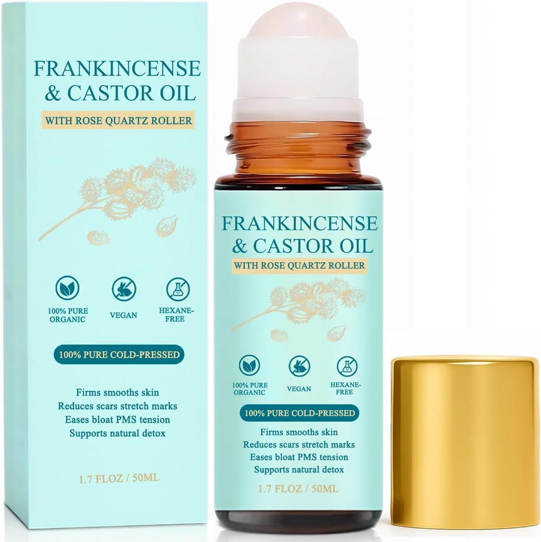 Frankincense and Castor Oil Rose Quartz Roller  Organic Cold-Pressed Castor Oil Roll-On with Removable Rose Quartz | Firms Smooths Skin, Brightens Eyes, Reduces Scars Stretch Marks 1.7FLOZ (1 Ounce (Pack of 1))