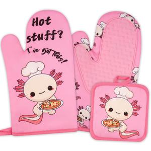 Oven Mitts and Pot Holders 3pcs Set, Axolotl Kitchen Oven Glove High Heat Resistant, Cute Oven Mitts and Potholder with Non-Slip Silicone Surface for Cooking Baking Barbecue