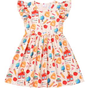 First Day of School Outfits for Girls Toddler Back to School Dress Kindergarten Pencil School Bus Print Summer Sundress (5-6 Years, Beige)