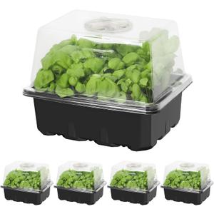 MIXC Seed Starter Kit with Grow Light, Elevated Seedling Tray Kit with Adjustable Humidity Dome and Clear Cell Tray, 12 Full Spectrum Led Beads for Seed Starting Greenhouse, 4 Pack, Black