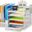 Marbrasse Desk Organiser with File Holder, 5-Tier Paper Letter Tray Organiser with Drawer and 2 Pen Holder, Mesh Desktop Organizer and Storage with Magazine Holder for Office Supplies(White)
