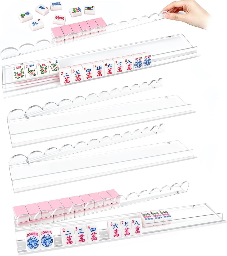 4 Pack Clear Acrylic Mahjong Racks Scalloped with Built-in Pushers, All-in-One Tile Holders for American Mah Jong, Modern Table Game Accessories for Home Game Nights, 1.2 Inches